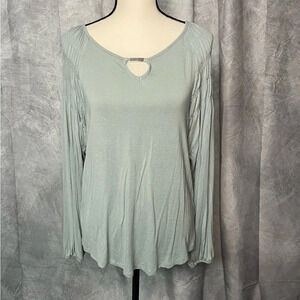 Massini Blue Gray Ruched Long Sleeved Top with Metal Bar Detail - Medium